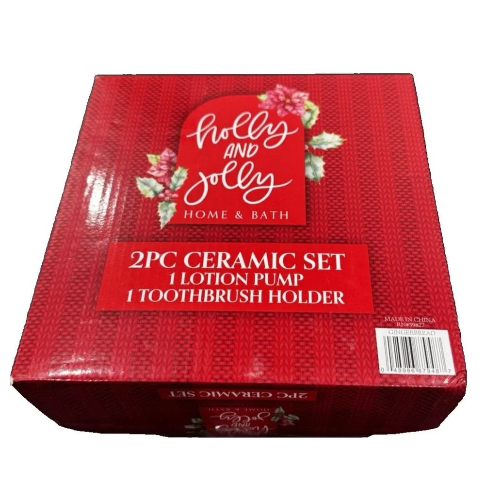 Holly & Jolly Christmas Bath Set 2pc Soap Dispenser & Tooth Brush Holder New